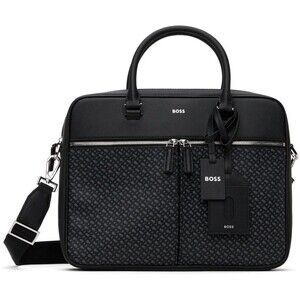 HUGO BOSS Mens Briefcase Doc Case Black Regenerated Leather Monogram ZAIR N